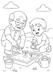 Coloring book grandpa gardening with grandson in backyard.