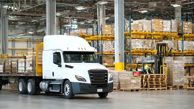 White commercial truck entering expansive warehouse bay, interior filled with neatly arranged pallets and cargo crates on multi-level racks, conveying efficient distribution and de