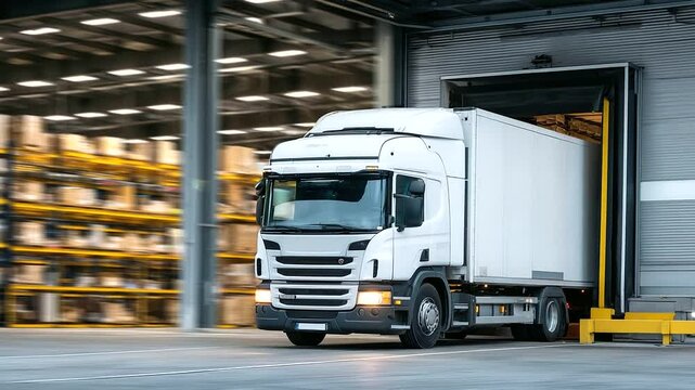 White truck in motion entering warehouse entrance, interior illuminated with fluorescent lights, tall shelves lined with varied shipment boxes, symbolizing dynamic logistics busine