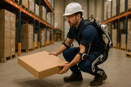 Warehouse worker wearing exoskeleton lifting heavy cardboard box in large distribution center, innovative technology improving working conditions and safety