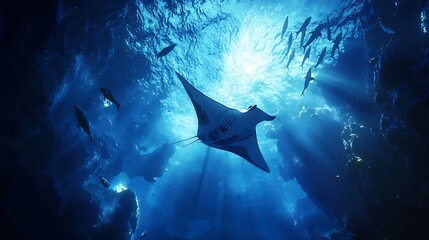 Soaring manta ray bathed in sunlight underwater scene high resolution picture