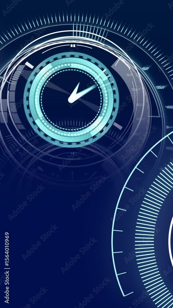 Poster animation of scopes scanning and clock moving fast on blue background
