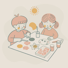 Kids making crafts at table in soft pastel hand-drawn style