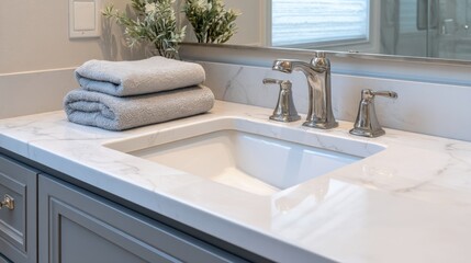Fototapeta premium A contemporary bathroom displays a white marble countertop featuring a stylish sink with polished fixtures. Soft gray towels are neatly stacked nearby, enhancing the space's elegance