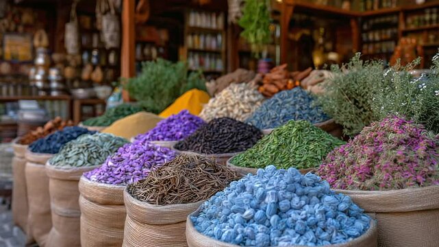 Vibrant spice souk scene in Dubai showing rows of sacks filled with colorful spices and dried herbs, incense smoke curling above the market, bustling with tourists and locals explo