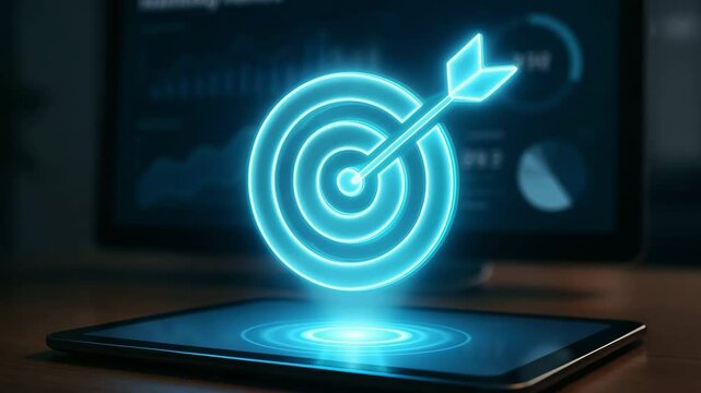 A luminous bullseye and arrow emerge above a tablet emitting circular ripples. Concept of achieving precision goals through data-driven insight.