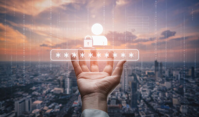 User authentication and password protection concept showing secure login, privacy safeguard, data...
