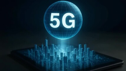 A holographic 5g globe rises above a tablet cityscape of glowing towers. Concept of ultra-fast connectivity powering urban innovation. - Powered by Adobe
