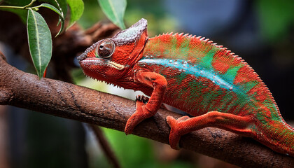 vibrant chameleon on a tree branch in the wild