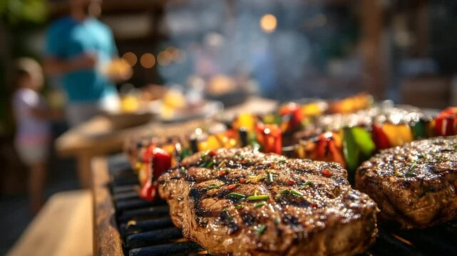 Lively family barbecue in sunny garden, wooden table stacked with freshly grilled steaks, peppers, onions on skewers, smoke curling from hot grill, children and adults enjoying war
