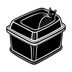 A stylized black and white illustration of a black cat peeking out of a covered litter box filled with speckled litter isolated on a white background
