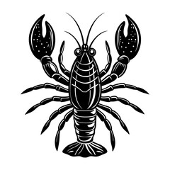 A striking black and white illustration of a lobster with its claws raised showcasing its segmented body antennae and legs against a clean white background