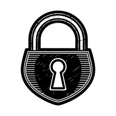 A vintage black and white illustration of an antique padlock with a keyhole symbolizing security and protection