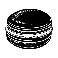 A detailed black and white illustration of a single classic macaron cookie with a creamy filling presented in a vintage engraving style