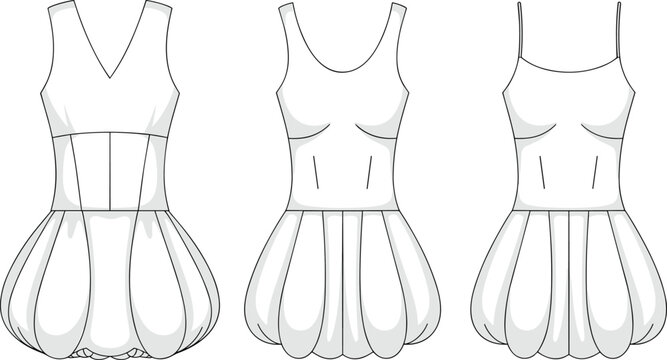 Flat Sketch of Women’s Bubble Dresses – Fashion CAD of Sleeveless Balloon Hem Mini Dress Styles with V-Neck, Scoop, and Spaghetti Straps