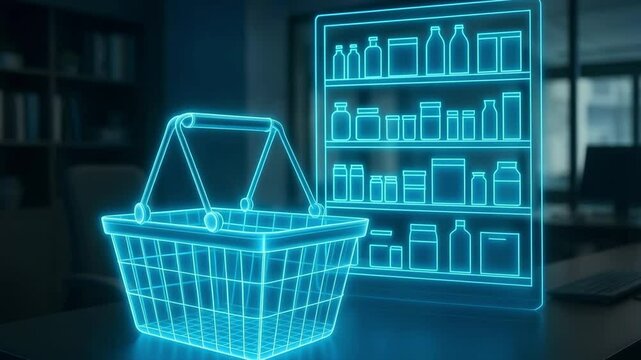 A wireframe basket glows beside a virtual shelf of medicine bottles in an office setting. Concept of digital pharmacy retail enabling remote purchasing.

