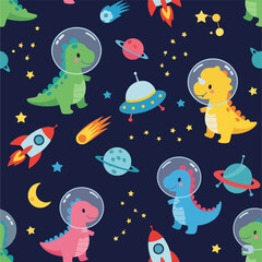 Cute Dinosaur Astronauts in Outer Space – Seamless Kids Vector Pattern with Rockets and Planets