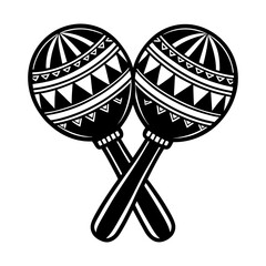Two black and white graphic maracas crossed over each other featuring a tribal pattern with triangles and stripes on the heads isolated on a white background