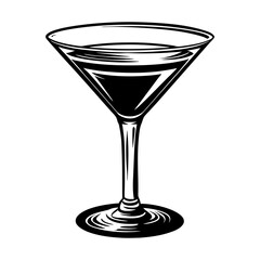 Classic martini glass filled with dark liquid rendered in a bold black and white graphic style perfect for cocktail menus and bar decor