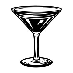 A classic black and white illustration of a martini glass filled with a dark liquid and a single olive isolated on a white background perfect for cocktail and beverage designs