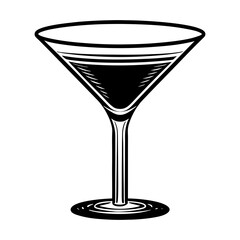 A stylized black and white illustration of a classic martini glass filled with a dark liquid isolated on a white background perfect for cocktail or bar themes