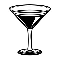 Classic black and white illustration of a martini glass filled with dark liquid isolated on a white background perfect for bar menus and cocktail promotions