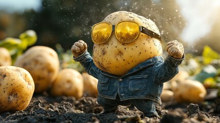 A potato wearing sunglasses and a blue jacket stands in a field of potatoes