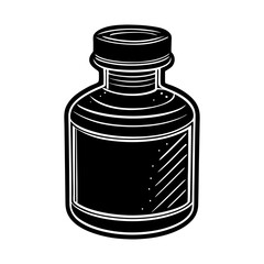 A simple black and white illustration of a small round glass bottle with a screw on cap and a blank label area for text or design