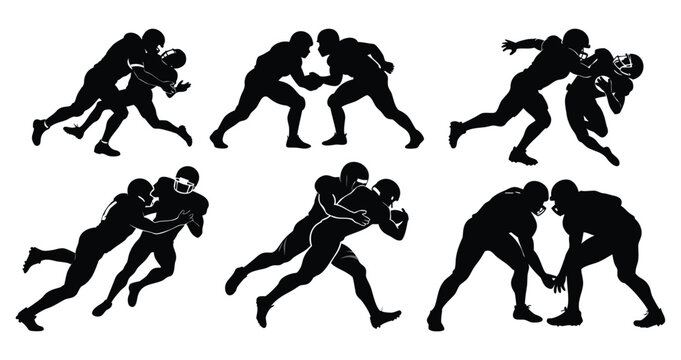 Set of dynamic American football player silhouettes depicting intense tackling, blocking, and on-field confrontations in vector format.