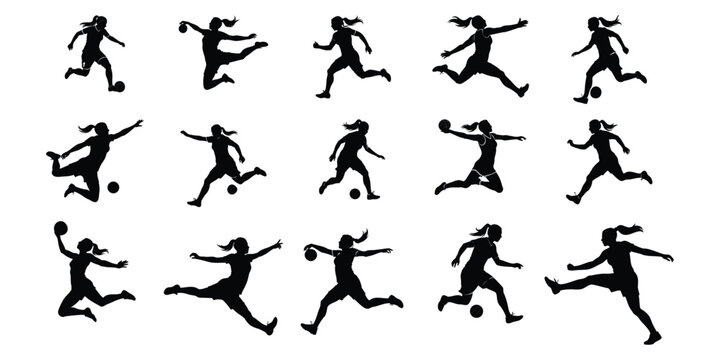 Dynamic collection of female athlete silhouettes in various action poses, primarily featuring women's soccer and handball players.