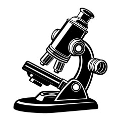 A stylized black and white illustration of a classic laboratory microscope highlighting its optical components and scientific research function isolated on a white background