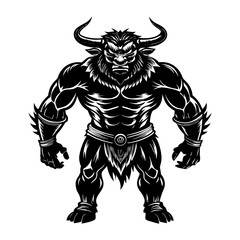 Mythical minotaur illustration with muscular body and horns, Black and white drawing of a fierce minotaur standing upright, showcasing a muscular physique, horns, and fantasy warrior elements.
