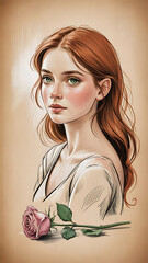 a portrait of a young woman with wavy auburn hair, delicate facial features, and a slight smile, wearing a light-colored top, against a warm toned background, digital art, highly detailed, cinematic l