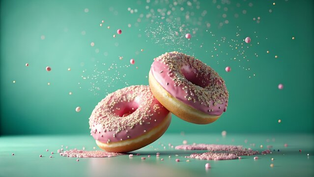 Photo of two pink donuts with white sprinkles are levitating against a teal background with more sprinkles floating around them - Powered by Adobe