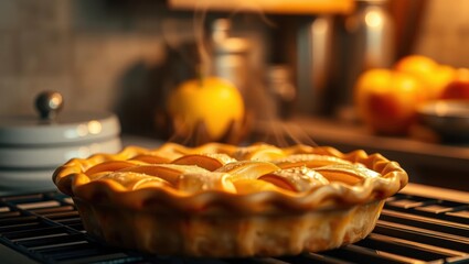 Freshly baked apple pie cooling on a kitchen rack with golden crust and steam rising