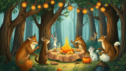 Enchanted forest feast with foxes, rabbits, and lanterns under the canopy of trees