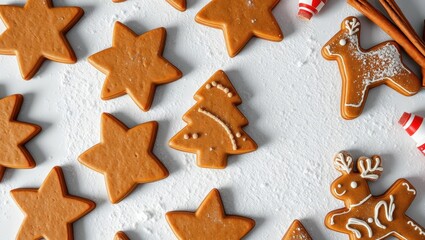 Festive gingerbread cookies shaped as stars, trees, and reindeer with icing and cinnamon sticks