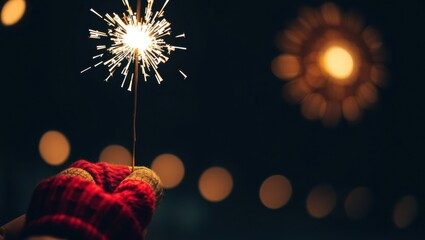 Warm hands in red mittens holding a sparkling firework against a dark night sky with bokeh lights