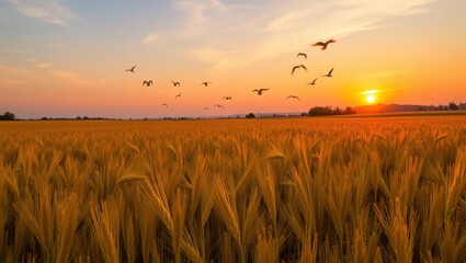 Golden wheat field at sunset with birds flying in the sky, creating a peaceful rural scene