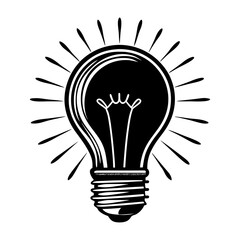 A stylized black and white illustration of a classic incandescent light bulb with radiating lines symbolizing an idea or inspiration