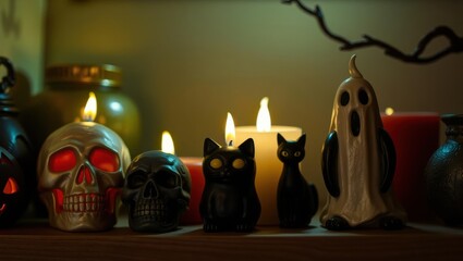 Spooky Halloween scene with candles, skulls, black cats, and a ghost in a dimly lit room creating a mysterious and eerie atmosphere