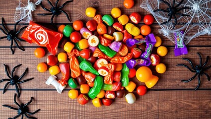 Vibrant Halloween candy assortment with spooky spiders and festive decorations on a rustic wooden table