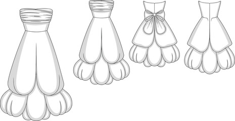 Elegant Strapless Bubble Hem Dress Fashion CAD Template, Layered Petal Skirt Evening Gown Flat Sketch for Couture Designers and Women’s Apparel Brands