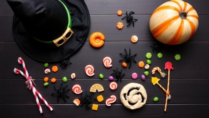 Spooky Halloween treats with witch hat, pumpkin, and colorful candies on a dark wooden table