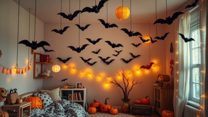 Cozy Halloween bedroom decorated with bats, pumpkins, and warm lights creating a festive spooky atmosphere