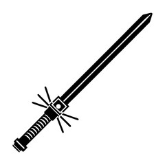 A stylized black silhouette of a futuristic sword with a detailed hilt and a double edged blade isolated on a white background