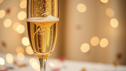 Elegant champagne flute with golden bubbles against a warm bokeh background, perfect for celebrations and festive occasions