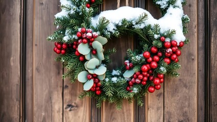 Festive Christmas wreath adorned with red berries, green leaves, and snowflakes, hanging on a rustic wooden door