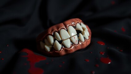 Creepy vampire teeth with bloodstains on a dark fabric background, evoking horror and Halloween themes