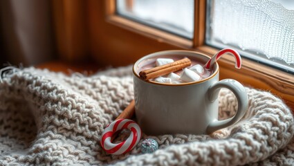 Cozy winter scene with hot chocolate, marshmallows, and candy canes on a knitted blanket by the window